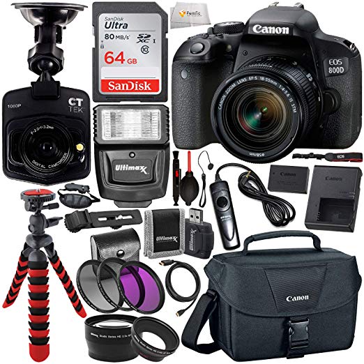Canon EOS Rebel 800D (T7i) DSLR Camera w/ 18-55mm Lens, Free Promotional Dash Cam & Essential Accessory Bundle – Includes: SanDisk Ultra 64GB SDXC Memory Card, Slave Flash, Canon Carrying Case & More