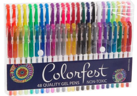 Colorfest 48 Quality Gel Pens for Adult Coloring Books in Vibrant Rainbow Colors - Glitter Metallic Neon Pastel & Regular Colored Pen Set for Art - Handmade Crafts - Scrapbooking - Doodles - Kids