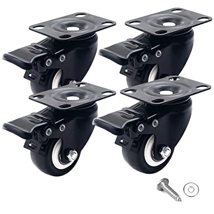 Casters Set of 4 Heavy Duty with Brake 1.5 inch Swivel Casters for Furniture and Workbench, Set of 4 360 Degree No Noise Polyurethane (PU) Wheels 20 Screws & Gasket for Free