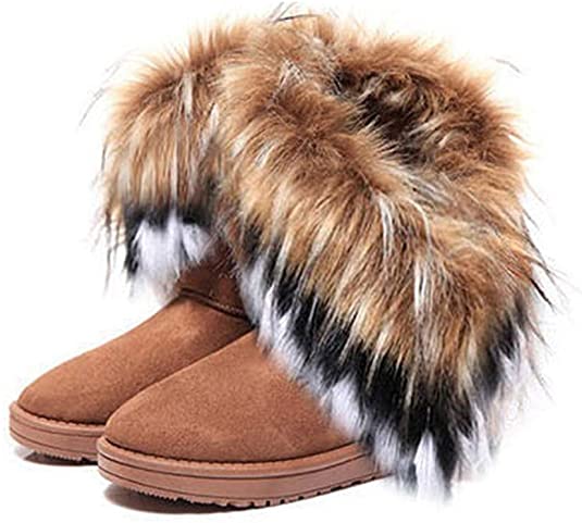 King Ma Women's Faux Fur Tassel Winter Snow Boot Suede Flat Ankle Boots