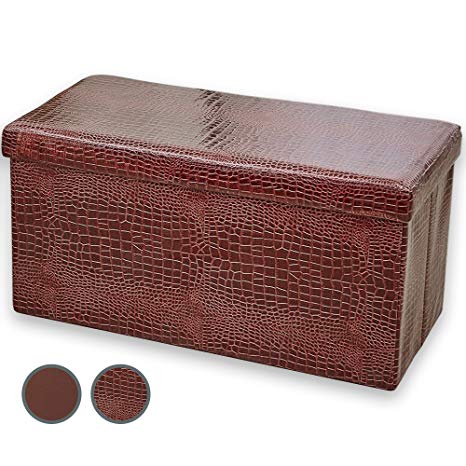 Andrew James Large Folding Ottoman - Red Faux Crocodile Leather Shoe Storage and Toy Chest Box - Footstool Bench Coffee Table and Pouffe with 3 Drawers Boxes - Collapsible to Easily Foldaway