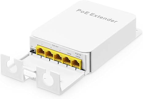 Outdoor Gigabit PoE Passthrough Switch, 1 PoE in 4 PoE Out Extender, IEEE802.3af/at/bt PoE Powered 90W, 10/100/1000Mbps Ethernet, Wall Mount Waterproof Plug and Play