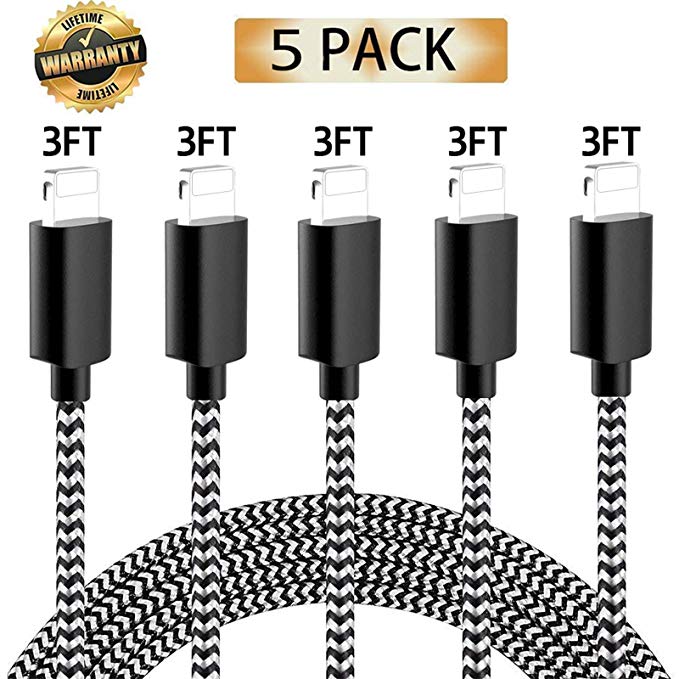 iPhone Charger, MFi Certified iPhone Cable, 5 Pack [3FT] Nylon Braided Fast Charging Cable USB Charger Data Sync Cord Compatible with iPhone Xs Max/XS/XR/7/7 Plus/X 10/8/8 Plus/6S Plus/6S/6/SE More