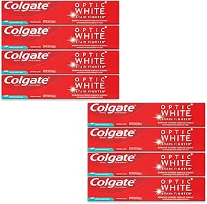 Colgate Optic White Toothpaste, Stain Fighter, Fresh Mint Gel, Travel Size 2.0 oz (56.6g) - Pack of 8