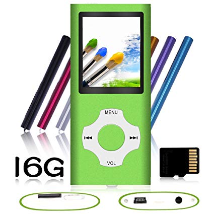 Tomameri - Portable MP3 / MP4 Player with Rhombic Button, Including a 16 GB Micro SD Card and Support Up to 64GB, Compact Music, Video Player, Photo Viewer Supported - White-in-Green