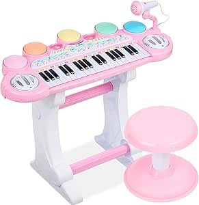 Best Choice Products 37-Key Kids Electronic Musical Instrument Piano Learning Toy Keyboard w/Multiple Sounds, Lights, Microphone, Stool - Light Pink