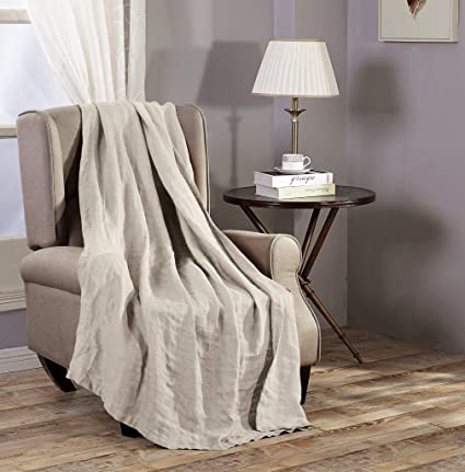 Chezmoi Collection Brussels Super Soft Lightweight Pre-Washed Belgian Flax Linen Reversible Throw Blanket, 50" x 70" - Natural Linen Color