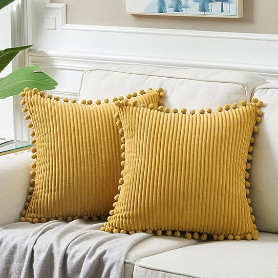 Fancy Homi 2 Packs Mustard Yellow 26x26 Pillow Covers, Euro Pillow Covers with Pom-poms, Big Throw Pillow Covers for Couch Sofa Bedroom Living Room 66x66 cm