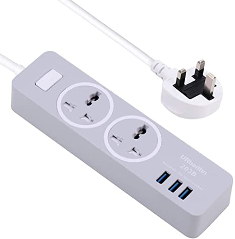 URbantin 2 Way Outlets Extension Lead with 3 USB Slots, 2 Gang Power Strip with USB Plug Charger 3-Port Universal Sockets 1.8M Extension Cord Surge Protection (Grey)