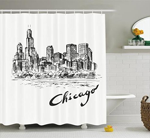 Ambesonne Chicago Skyline Shower Curtain, Vintage Artwork of American City in Hand Drawn Style Sketchy Effects, Cloth Fabric Bathroom Decor Set with Hooks, 70 Inches, Black and Cream