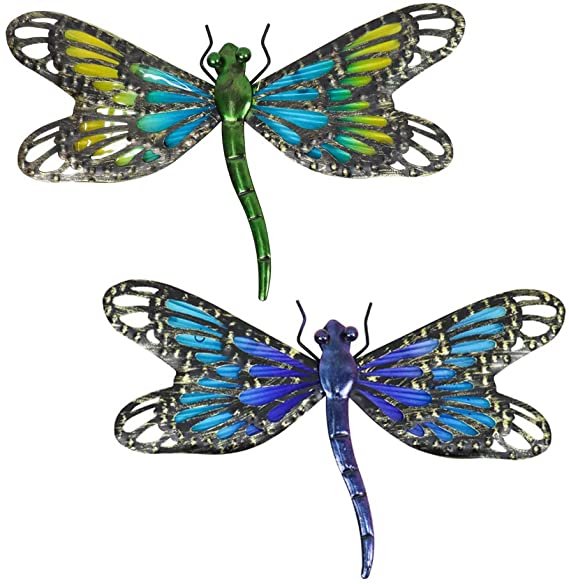 HONGLAND Metal Dragonfly Wall Decor Blue and Green Glass Art Sculpture Outdoor Hanging Decorations Set of 2 for Home Garden Bedroom