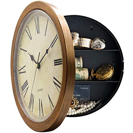 Plastic Wall Clock with Hidden Compartment,Brown,10''