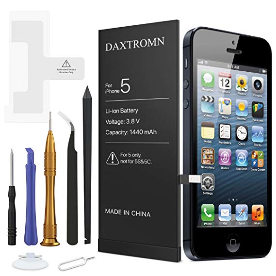 DAXTROMN Replacement Battery Compatible with iPhone 5 - Replacement Kit with Tools, Adhesive Strips - New 1440mAh 0 Cycle Battery - 2 Years Warranty