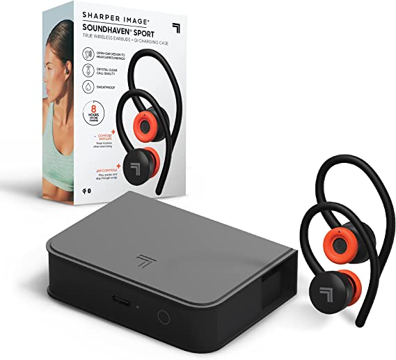 SHARPER IMAGE Soundhaven Sport True Wireless Earbuds with Qi Charging Case, IPX4 Sweatproof Water Resistance, Built-in Microphone with Tap Controls, Graphene Drivers for High-Fidelity Music