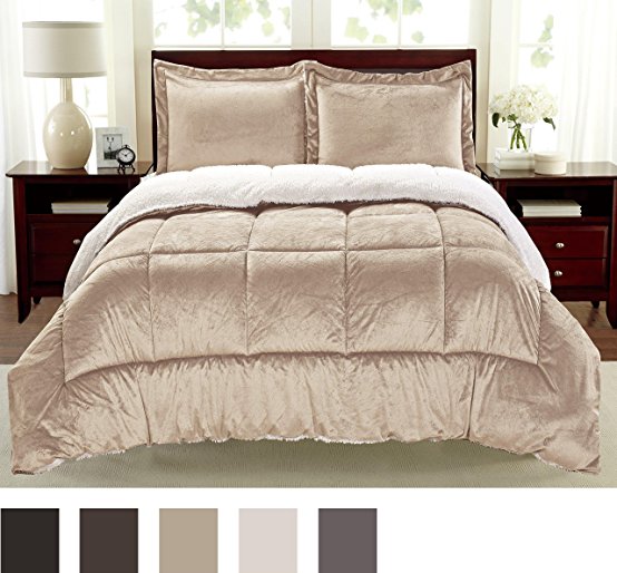 Cathay Home Fashions Reversible Faux Fur and Sherpa 3 Piece Comforter Set, King, Carmel