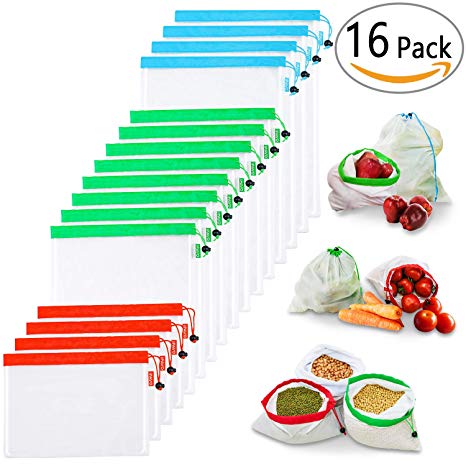 Reusable Mesh Produce Bags Bulk | High-strength Mesh for Heavy Produce | Multi-used for Grocery Shopping, Travel Pack, Toys Storage | Large Medium Small Size w/Tare Weight Tag (Set of 16)