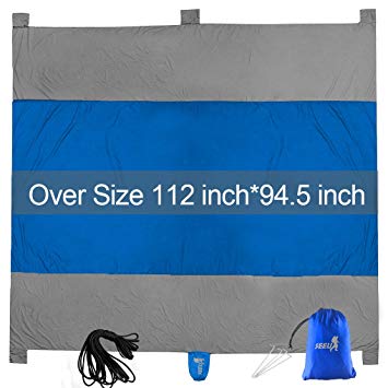 SEEU XXL/L Oversized Sandproof Beach Blanket Mats - Lightweight Compact Sandproof Multi-use Outdoor Beach Mat with Pockets, Loops, Bag & Ropes, Fit for Family Camping Hiking Traveling