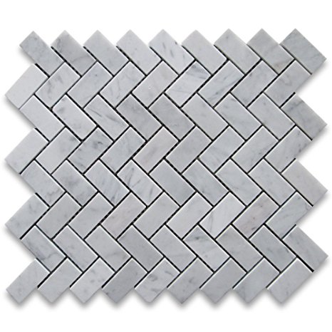 Carrara White Italian Carrera Marble Herringbone Mosaic Tile 1 x 2 Honed