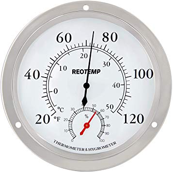 REOTEMP WTH61D Indoor Wall Thermometer Hygrometer 20/120 F&C, 5.75" Polished Metal and Glass, Humidity and Temperature Monitor