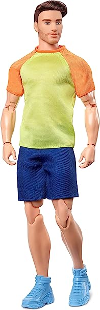 Barbie Looks Ken Doll with Brown Hair Dressed in Orange and Yellow Tee with Blue Shorts, Posable Made to Move Body