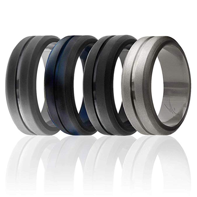 ROQ Silicone Wedding Ring for Men, Elegant, Affordable 8mm Silicone Rubber Wedding Bands, Singles & 4 Pack, Brushed Top Beveled Edges - Black, Metal Silver, Dark Gray