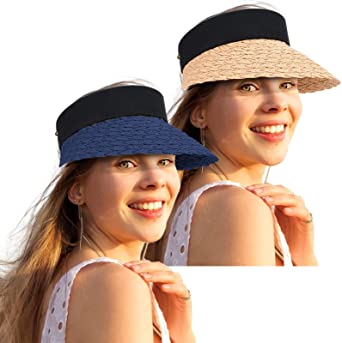 2 Pack Women Straw Sun Visor Hat Wide Brim Summer UV Protection Beach Cap Roll-up Foldable Golf Hat