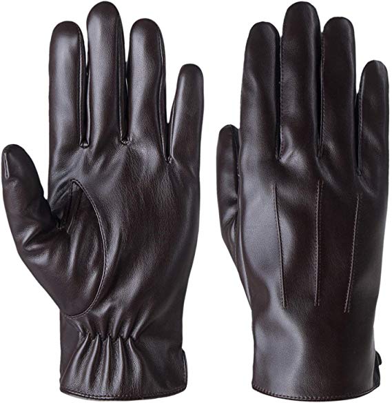 Mens Winter Leather Gloves Snap Closure Touch Screen Driving Gloves Warm Gloves with Fleece Lining