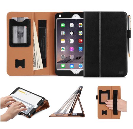 iPad Mini 4 Case, FYY [Super Functional Series] Premium PU Leather Case with Card Slots, Note Holder, Hand Strap and Elastic Strap for Apple iPad Mini 4 Black (With Auto Wake/Sleep Feature)