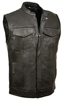 SOA Men's Basic Leather Motorcycle Vest Zipper & Snap Closure w/2 Inside Gun Pockets & Single Panel Back (XXX-Large, 1" Collar)