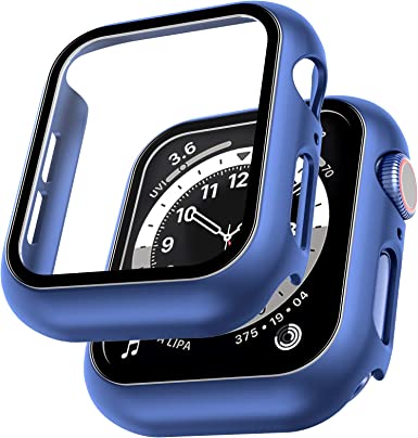 LϟK 2 Pack Case for Apple Watch 40mm Series 6 5 4 SE with Built in Screen Protector Tempered Glass All Around Hard PC Protective High Definition Clear Cover for iWatch 40mm Series 6 5 4 SE - Blue