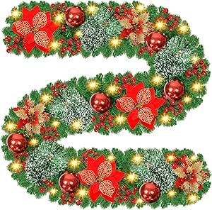 Prelit Artificial Christmas Garland,9FT Christmas Wreath for Christmas Decorations,Christmas Garlands with Lights,Rattan Decorations Xmas for Fireplaces Stairs,Holiday,Wedding Party,Evergreen