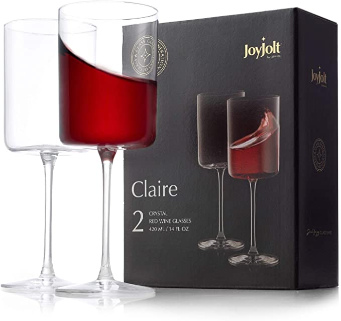 JoyJolt Red Wine Glasses – Claire Collection Set of 2 Large Wine Glasses – 14-Ounce Crystal Wine Glass Set – Ultra-Elegant Design with Wide Rims – Ideal for Special Occasions, Home Bar