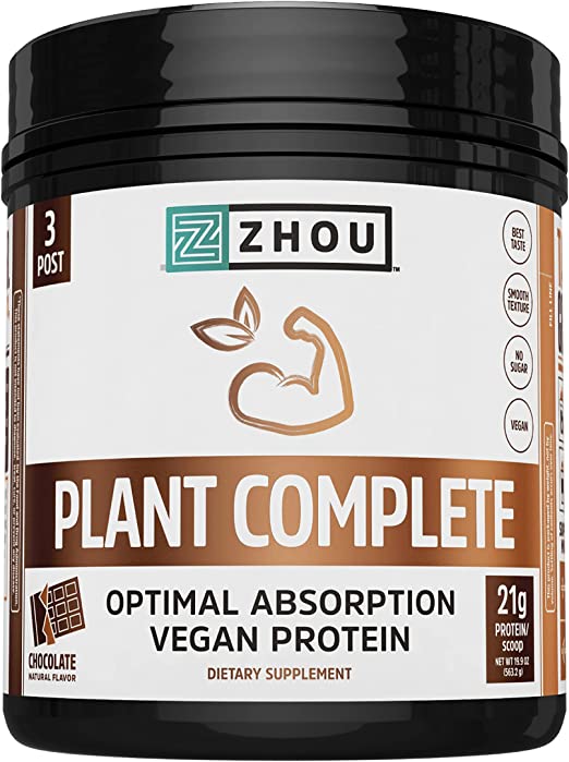 Zhou Nutrition Plant Based Vegan Protein Powder, Best Absorption & Digest Score, Complete Amino Acid Profile, Dairy Free, Soy Free, Gluten Free, Sugar Free, Chocolate, 21g Protein/Scoop - 16 Servings