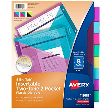 Avery 8 Tab Plastic Binder Dividers with Pockets, Two Tone, 1 Set (11989)