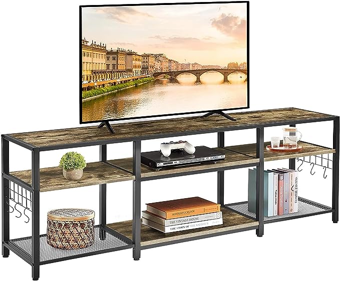 VECELO TV Stand for Televisions up to 70 Inch, Industrial Entertainment Center with 3-Tier Open Storage Shelves& Hooks for Living, Bedroom and Gaming Room, 65 Inch, Brown