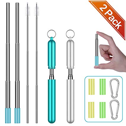 Reusable Straws - Comvin Metal Collapsible Stainless Steel Drinking Straw with Travel Case 2-Pack Turquoise/Silver