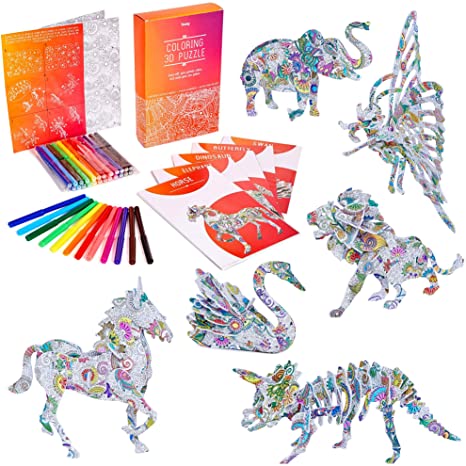 3D Puzzle Set for Kids - 3D Puzzles Gift Set for Coloring with 6 Animals - - Arts and Crafts for Girls and Boys Ages 7 8 9 10 11 12 - Fun Art Creative DIY Project Kit - 6 Pack with Pen Markers