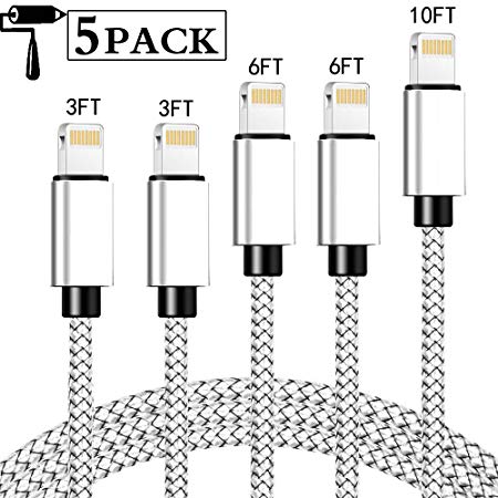 MFi Certified iPhone Charger, Lightning Cable 5Pack-3/3/6/6/10ft Durable High Spped Nylon Braided USB Fast Charging&Syncing Cord Compatible iPhone 11 Xs MAX XR 8 8 Plus 7 7 Plus 6s 6s Plus More