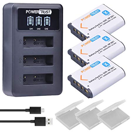 PowerTrust NP-BX1 3 Pack Battery and LED 3 Port USB Charger for Sony CyberShot DSC-RX100 V, DSC-RX100, DSC-WX500, HX300, WX300, H400, HX300, HX50V, HX90V, WX300, WX350, Digital Camera