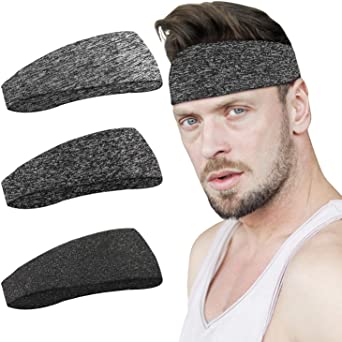 MoKo Mens Headband 3 Pack, Stretchy Moisture Wicking Hairband Mens Running Headband Workout Sweatband Sports Headband for Men for Running,Cycling, Yoga, Basketball