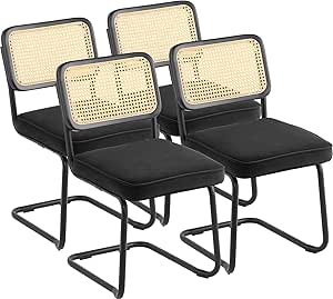 VEVOR Rattan Chairs, Set of 4, Mid Century Modern Dining Chair, Upholstered Velvet Accent Chair with Rattan Back, Retro Dining Room Kitchen Chair for Living Room, Bedroom, Reading Room, Office, Black