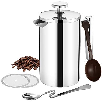 【17 Ounce/ 500ml】French Cafetiere Coffee, TOPELEK French Press with Stainless Steel,Double Wall Tea Maker, 1 Measuring Scoop, 2 Bonus Filter Screen, 1*Mixing Spoons for Trip, Household, Office Work