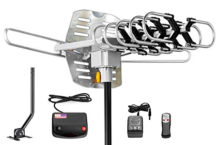 1PLUS Amplified 150 Miles HD Digital Outdoor HDTV Antenna with Adjustable Antenna Mount Pole, 360° Rotation