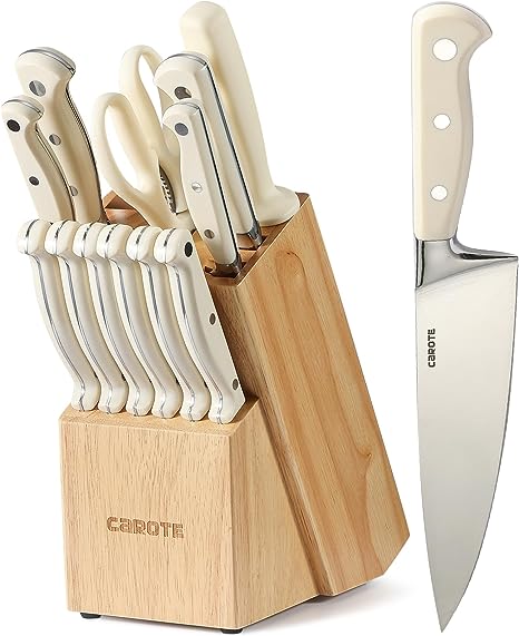 CAROTE 14 Pieces Knife Set with Wooden Block High Carbon Stainless Steel Knives Dishwasher Safe with Sharp Blade Ergonomic Handle Forged Triple Rivet-Pearl White