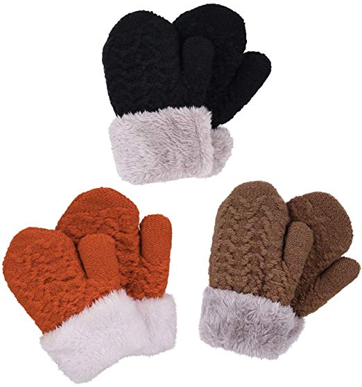 Verabella Boys & Girl's Sherpa Lined Fuzzy Cuff Winter Mittens Kids Knitted Gloves 3 Pairs