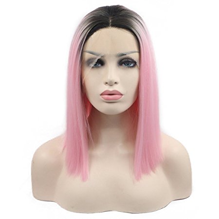 Ebingoo Black Ombre Pink Straight Short Bob Synthetic Lace Front Wig Heat Resistant Synthetic Hair Replacement Wigs for Women