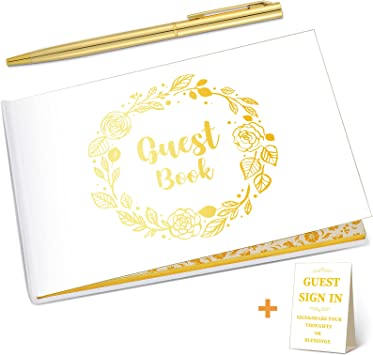 Wedding Guest Book with Pen Wedding Memory Book with Table Cards Guest Sign-in Book White Cover with Foil for Guests Visitors to Sign at Wedding Party Hotel Baby Bridal Shower, 9 x 6 Inch (Cute)