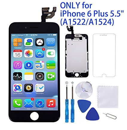 Screen Replacement for iPhone 6 Plus Black 5.5" LCD Display Touch Digitizer Frame Assembly Full Repair Kit,with Proximity Sensor,Ear Speaker,Front Camera,Free Screen Protector,Repair Tools
