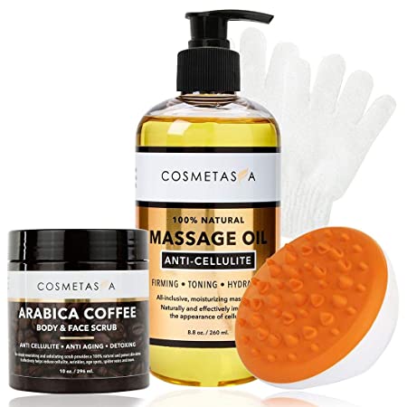 Anti-Cellulite Massage Oil, Coffee Scrub, Massager & Glove - Arabica Coffee Body & Face Scrub Exfoliating Glove & Mitt- Tone & Moisturize skin