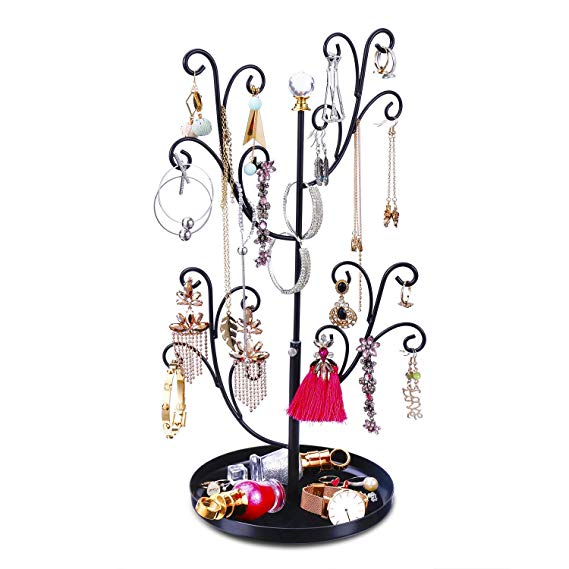 Keebofly Jewelry Tree Stand Organizer - Earring Ring Necklace Bracelet Organizer Display with Adjustable Height, Metal (Black)